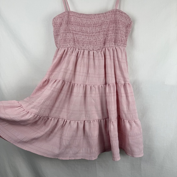 Light Pink Ruched Bodice Baby Doll Mini Dress Spaghetti Straps Swing Size L - Picture 7 of 16